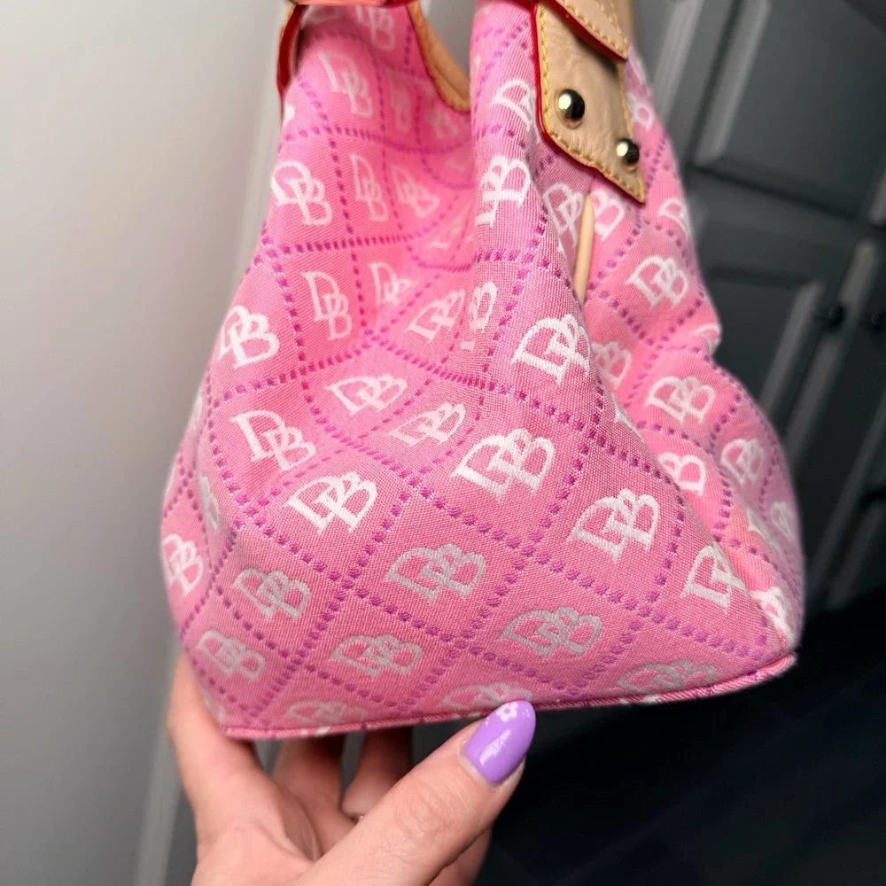 Dooney & Bourke Pink DB Monogram Canvas Satchel Leather Trim Hook Closure - Picture 4 of 11